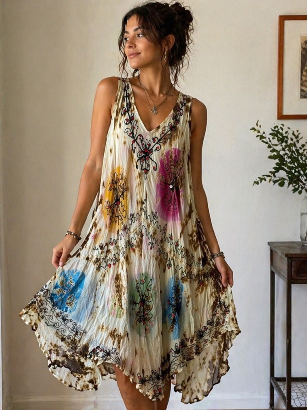 True Rock One Size Boho Embroidered Tie Dye Dress Flowy Festival